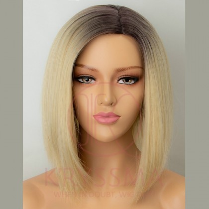 2 Tone Ombre Blonde Short Straight Bob None Lace Synthetic Wig for Women 14 inches
