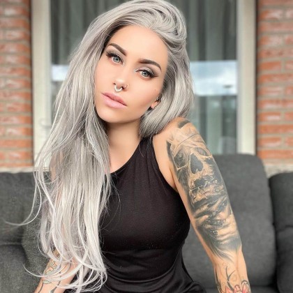 Silver Gray Long Natural Straight Synthetic Wig 22 inches