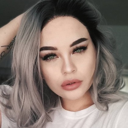 Ombre Gray Dark Roots Short Bob Synthetic Lace Front Wig 12 inches 