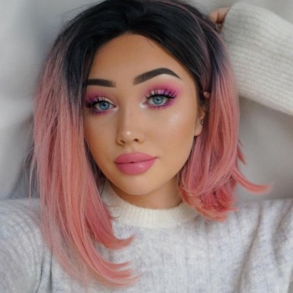2 Tones Ombre Pink Short Bob Synthetic None-Lace Wig Heat Resistant 14 inches