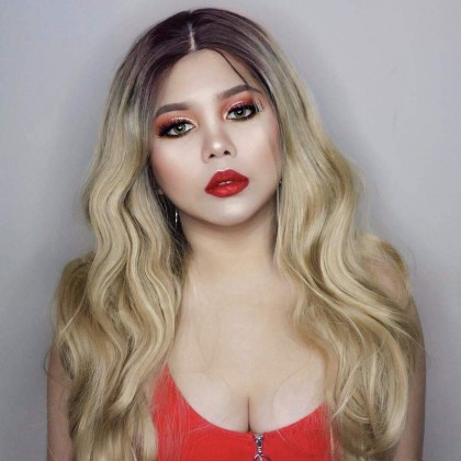 Ombre Blonde Synthetic Wig With Dark Roots 18 inches Long Wavy Wigs With Middle Parting Heat Resistant None Lace Wig