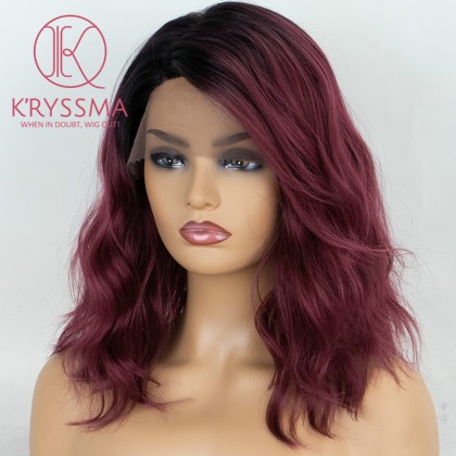 Burgundy Red Wine Ombre Wavy Synthetic Wig Short Bob L Part Lace Wigs with Dark Roots