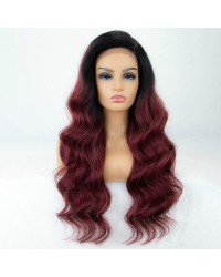 99j Lace Front Wig Ombre L Part Long Wavy Synthteic Wig Deep Side Parting Burgundy Wigs for Women Glueless Ombre Wig with Black Roots 22 inches