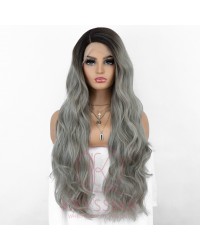 Ombre Grey Long Wavy Synthetic Wig with L Part Dark Roots