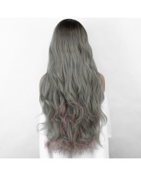 Ombre Grey Long Wavy Synthetic Wig with L Part Dark Roots