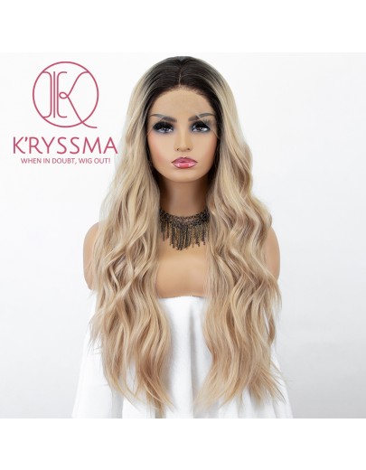 Ombre Blonde Lace Front Wig With Dark Roots Long Wavy Synthetic Wig