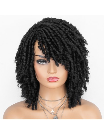 Dreadlock Twist Wigs for Black Women Braided Faux Locs Crochet Hair Wigs with Curly Ends Heat Resistant Afro Short Curly Daily Wigs 1b Color