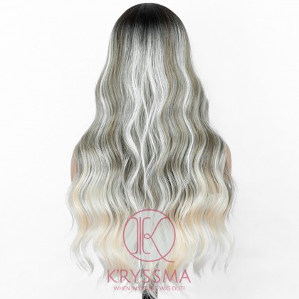 Ombre Gray With Ash Blonde Highlight Synthetic Wig Long Wavy Lace Front Wig 4 Tones with Middle Parting Most Natural Look