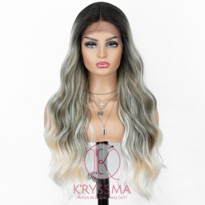 Ombre Gray With Ash Blonde Highlight Synthetic Wig Long Wavy Lace Front Wig 4 Tones with Middle Parting Most Natural Look
