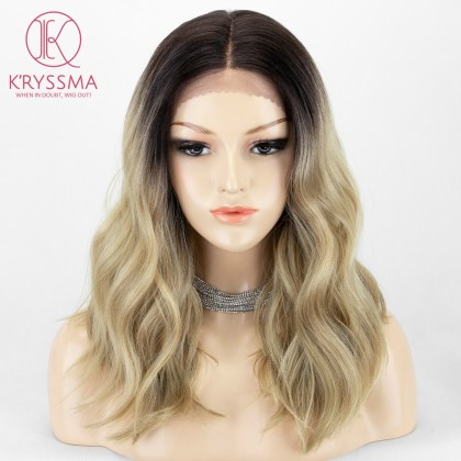 Ombre Blonde Middle Length L Part Lace Wigs with Dark Roots Daily Wear Synthetic Wigs