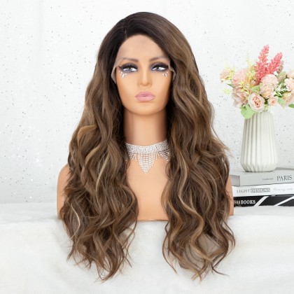 Ombre Brown Lace Front Wig Long Wavy Hightlight Brown Wigs with 4 inch Side L Part Synthetic Wigs for Women 22 inch