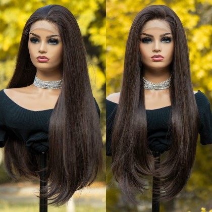 Natural Brown Lace Front Wigs 4" Deep Parting Glueless Long Straight Synthetic Wig Heat Resistant Brown Wigs for Women Daily Wear 22 Inches