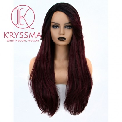Ombre Burgundy Long Natural Straight Synthetic Wig with Bangs 20 Inches 