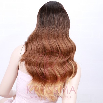 3 Tone Dark Roots to Brown to Blonde Ombre Synthetic Wigs Long Wavy Wig with L Part
