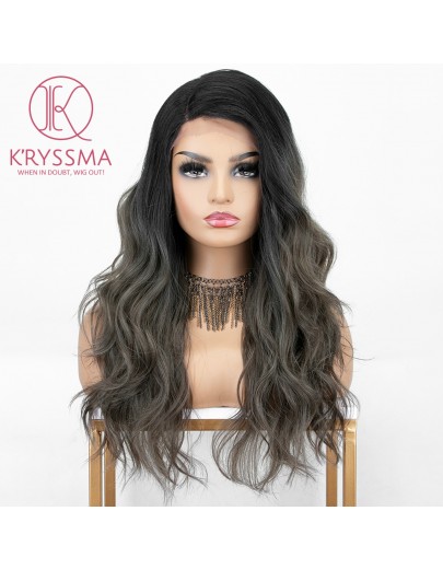Ombre Dark Brown Lace Front Wigs with Highlights 18 inches Long Wavy Synthetic Wig Deep Side Parting Brown Ombre Wig with Black Roots