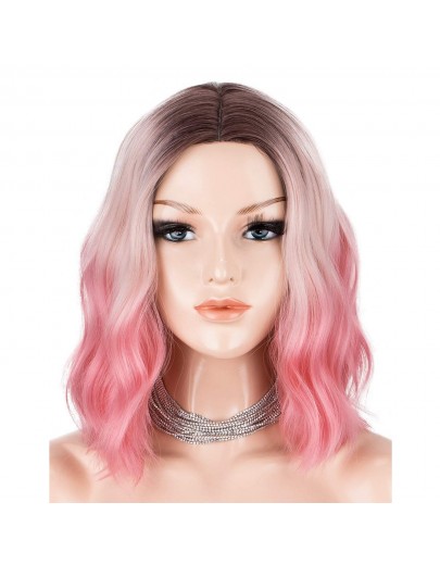 3 Tones Ombre Pink Dark Roots Middle Paring Short Wavy Wigs Glueless Heat Resistant Hair for Cosplay
