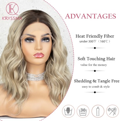 Olivia Recommend: Ombre Blonde Lace Front Wig Bob Short Wavy Synthetic Wig with Middle Parting Dark Roots to Blonde Ombre Wig Heat Resistant