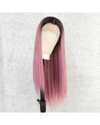  K'ryssma Pink Lace Front Wig Ombre Long Straight Synthetic Wigs for Women Half Hand Tied 22 inches Pink Wig
