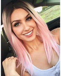 Fashion Pink Lace Ombre Straight Short Bob Front Wig