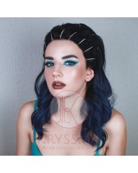 Blue Lace Front Wig Ombre with Black Roots Short Wavy Bob Synthetic Wig L Part Deep Side Parting Short Bob Wigs for Women