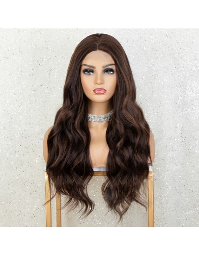 K'ryssma 1x4 Brown Lace Front Wig with Highlighted Blonde Hair T Part Synthetic Wigs for Women Long Wavy Brown Wigs