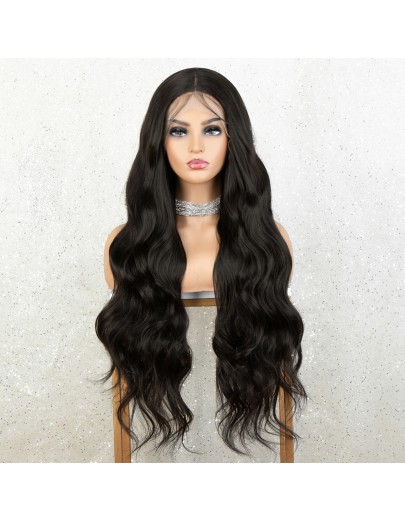 28 Inch Black Lace Front Wig 4 Inch T Part Black Wig Long Wavy Synthetic Wigs for Women
