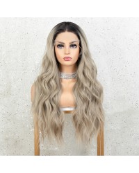 Ash Blonde Long Wavy Dark Roots Synthetic Wigs 22 Inches