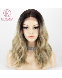 Ombre Blonde Middle Length L Part Lace Wigs with Dark Roots Daily Wear Synthetic Wigs