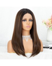 Highlight Brown Straight Wig with 4 inch Deep Parting Synthetic Lace Front Wig Mid Length Ombre Brown T Part Lace Wig 18 inch