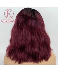 Burgundy Red Wine Ombre Wavy Synthetic Wig Short Bob L Part Lace Wigs with Dark Roots
