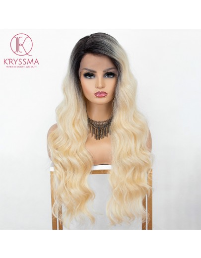 #613 Ombre Blonde Lace Front Wig with Dark Roots Natural Wavy Long Synthetic Wigs