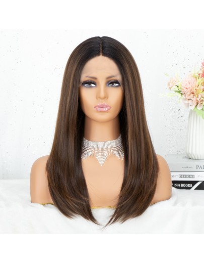 Highlight Brown Straight Wig with 4 inch Deep Parting Synthetic Lace Front Wig Mid Length Ombre Brown T Part Lace Wig 18 inch