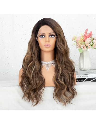 Ombre Brown Lace Front Wig Long Wavy Hightlight Brown Wigs with 4 inch Side L Part Synthetic Wigs for Women 22 inch
