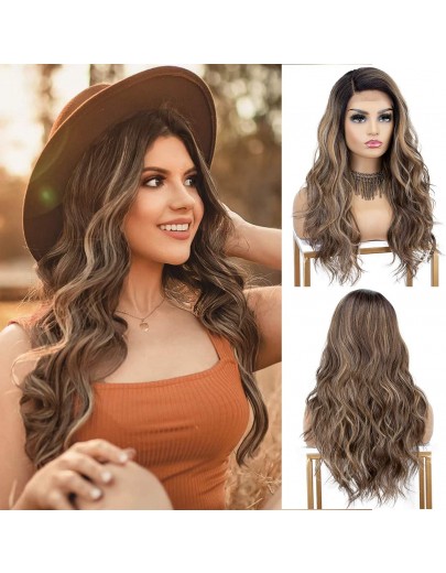 Ombre Brown Lace Front Wigs with Highlights 18 inches Long Wavy Synthetic Wig Deep Side Parting Brown Ombre Wig with Dark Roots