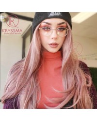 Orange Pink Lace Front Wig Ombre - Dark Brown Roots #4 to Mixed Rose Pink Long Natural Wavy Gluless Synthetic Wigs for Women Middle Parting Replacement Full Wig 22 inch