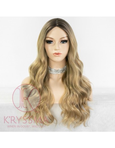 Ombre Ash Blonde None Lace Wig With Dark Roots Long Wavy Synthetic Wigs Glueless 2 Tones Blonde Wigs For Women Heat Resistant