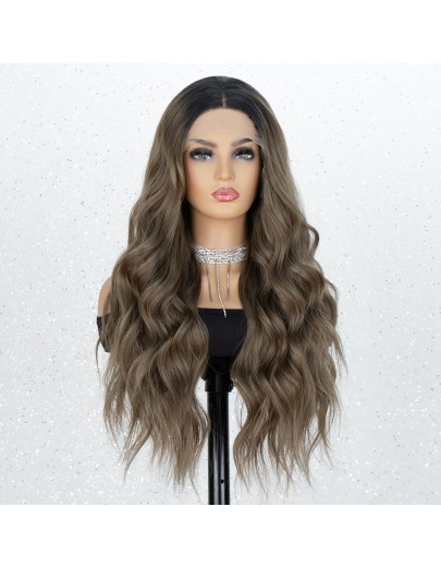 Brown Lace Front Wigs Ombre Dark Roots Natural Looking Glueless Long Wavy Synthetic Wig 2 Tone Heat Resistant 22 inches