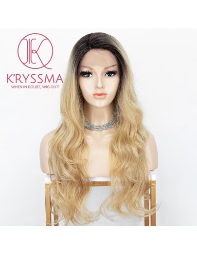 Ombre Blonde Lace Front Wig With Dark Roots Long Wavy Synthetic Wig Glueless Heat Resistant Wigs