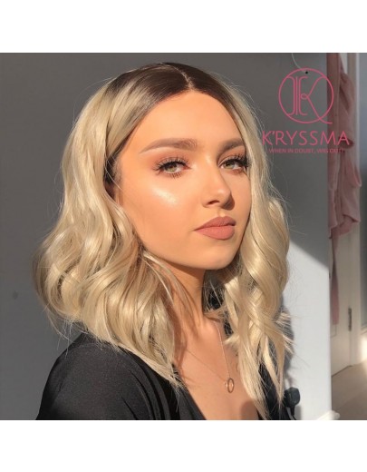 Olivia Recommend: Ombre Blonde Lace Front Wig Bob Short Wavy Synthetic Wig with Middle Parting Dark Roots to Blonde Ombre Wig Heat Resistant