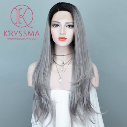 Ombre Silver Gray Long Natural Straight Lace Front Wig 22 Inches